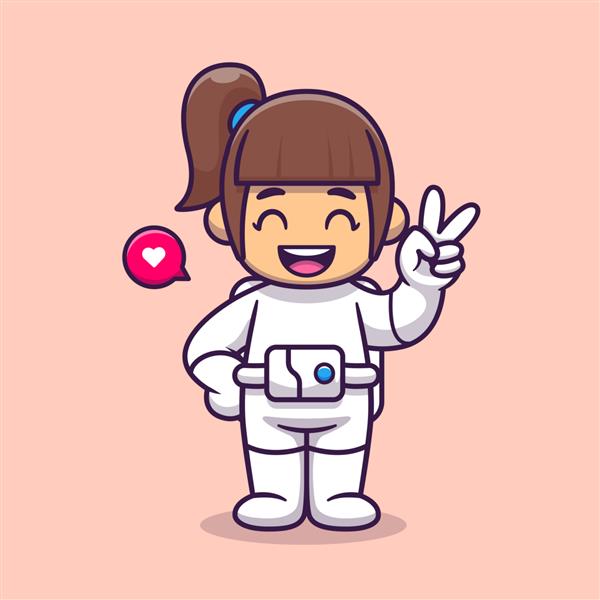 تصویر برداری آیکون کارتونی دختر ناز فضانورد با دست صلح مفهوم نماد علم مردم جدا شده حق بیمه سبک کارتونی تخت