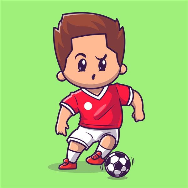 تصویر وکتور کارتونی پسر ناز در حال بازی فوتبال مردم ورزش نماد مفهوم جدا شده حق بیمه بردار سبک کارتونی تخت