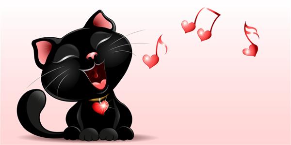 گربه سیاه ناز با قلاده قلبی آهنگ عاشقانه را برای روز ولنتاین می خواند