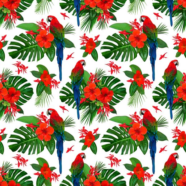 الگوی بدون درز استوایی با گل های قرمز و ماکائو طوطی برای طراحی کاغذ دیواری
