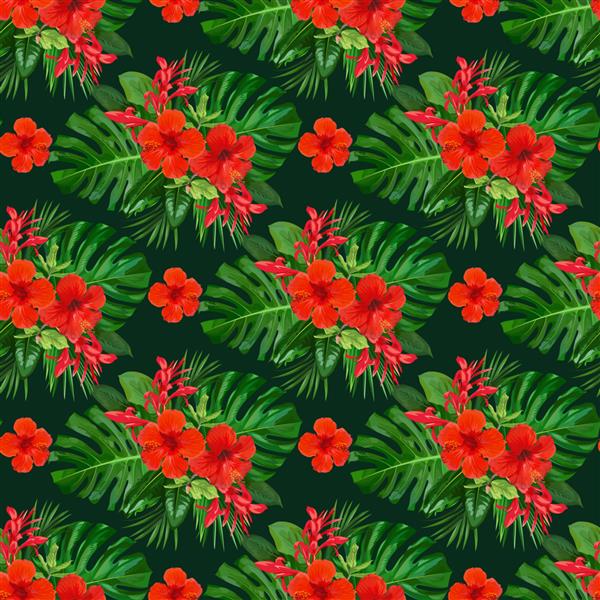 الگوی بدون درز گرمسیری با گل‌های قرمز هیبیسکوس برای طراحی کاغذ دیواری
