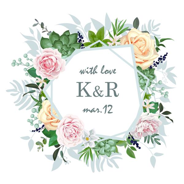 دعوتنامه عروسی اصلی با گل رز و ساکولنت