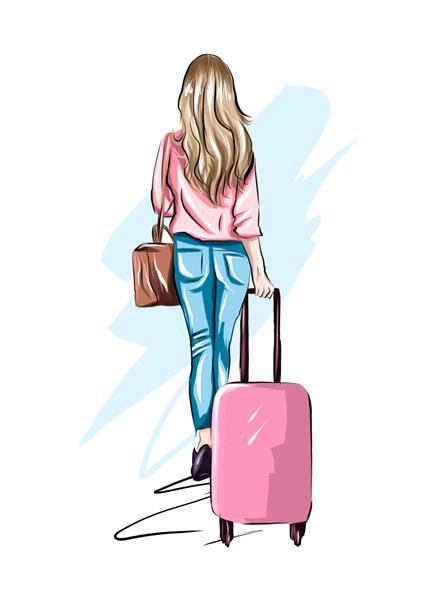 زن جوان زیبا با دختر شیک چمدانی با نقاشی رنگی واقع بینانه سفر می کند