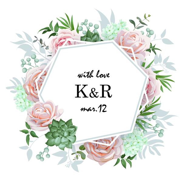 دعوتنامه عروسی اصلی با گل رز و ساکولنت