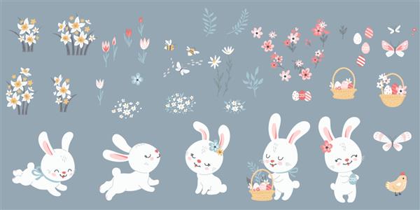 مجموعه ای بزرگ از خرگوش عید پاک تخم مرغ مرغ و گل