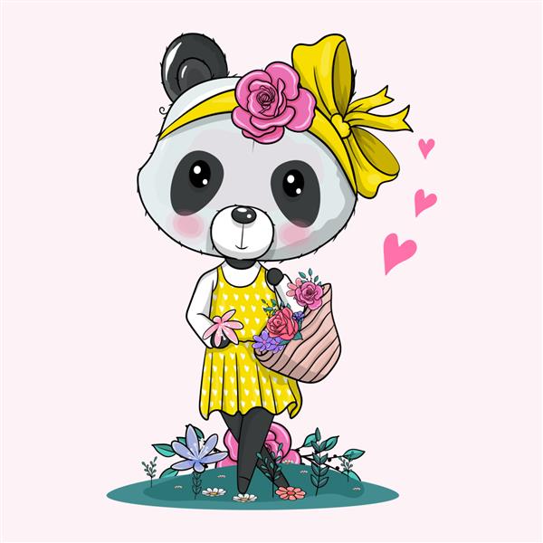 پاندا کارتونی زیبا با تصویر برداری باندانا و گل