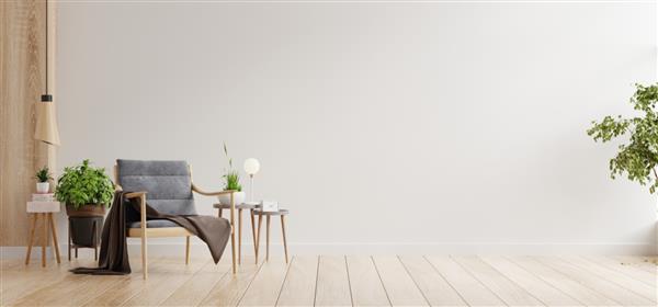 فضای داخلی مینیمالیستی اتاق نشیمن با طراحی صندلی راحتی و میز روی دیوار سفید رندر سه بعدی