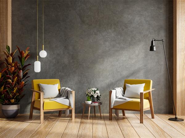 اتاق نشیمن با دو صندلی راحتی زرد ماکت دیوار بتنی رندر سه بعدی