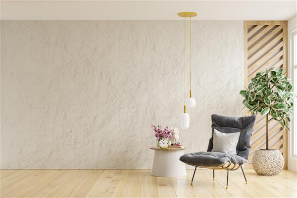 اتاق نشیمن به سبک اسکاندیناوی با صندلی راحتی در پس زمینه دیوار سفید خالی رندر سه بعدی