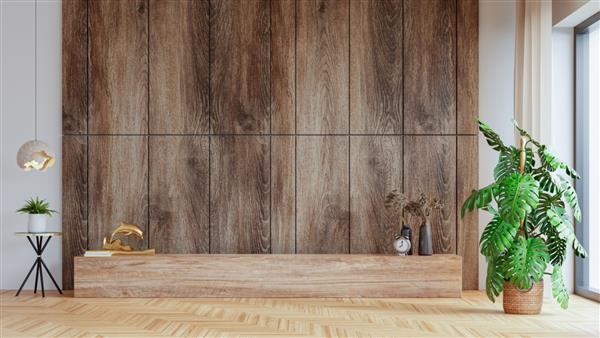 ماکت دیوار در اتاق نشیمن مدرن با دکوراسیون روی پس زمینه دیوار چوبی رندر سه بعدی