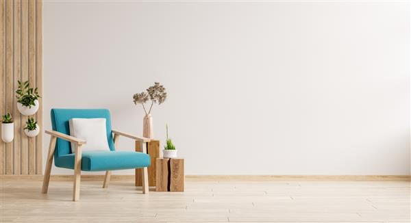 فضای داخلی مدرن مینیمالیستی با صندلی راحتی آبی روی پس‌زمینه دیوار سفید خالی رندر سه بعدی