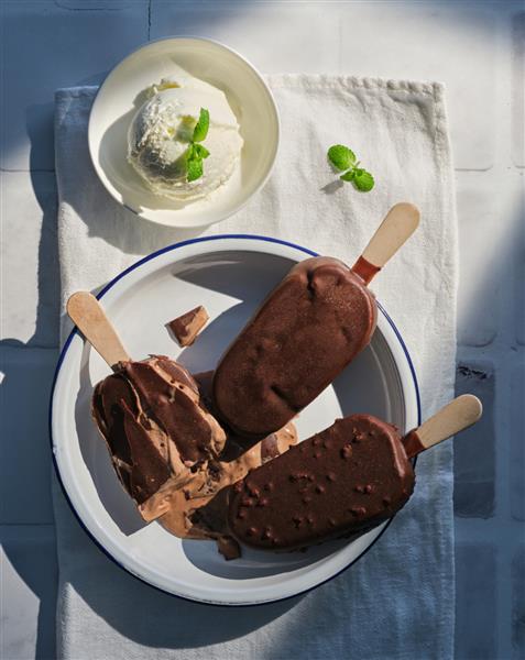 انواع بستنی شکلاتی و وانیلی روی چوب در بشقاب