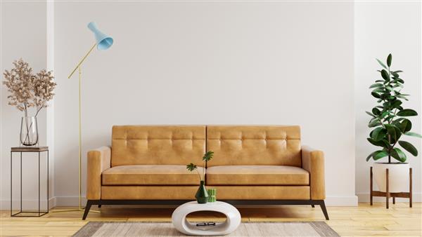 فضای داخلی مینیمالیستی مدرن با مبل چرمی روی پس‌زمینه دیوار سفید خالی رندر سه بعدی