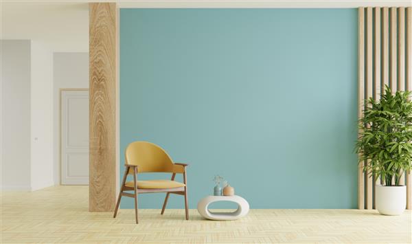 ماکت داخلی اتاق نشیمن با صندلی راحتی روی پس زمینه دیوار رنگ آبی خالی رندر سه بعدی