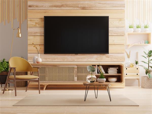 تلویزیون led روی کابینت در اتاق نشیمن مدرن با صندلی راحتی روی پس زمینه دیوار چوبی رندر سه بعدی