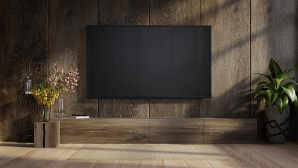 تلویزیون در اتاق نشیمن مدرن با دکوراسیون روی پس زمینه دیوار چوبی رندر سه بعدی