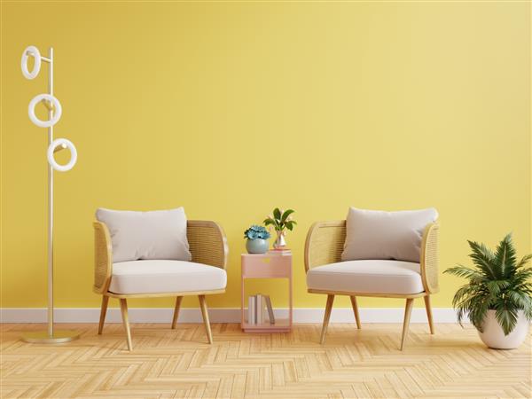 فضای داخلی اتاق نشیمن مدرن با دو صندلی راحتی و دکور در رندر سه بعدی دیوار زرد روشن