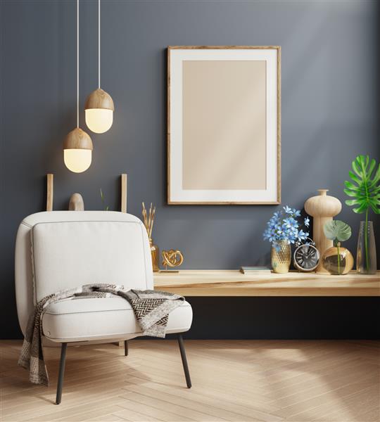 قاب پوستر ماکت در فضای داخلی مدرن با صندلی راحتی در پس زمینه دیوار آبی تیره