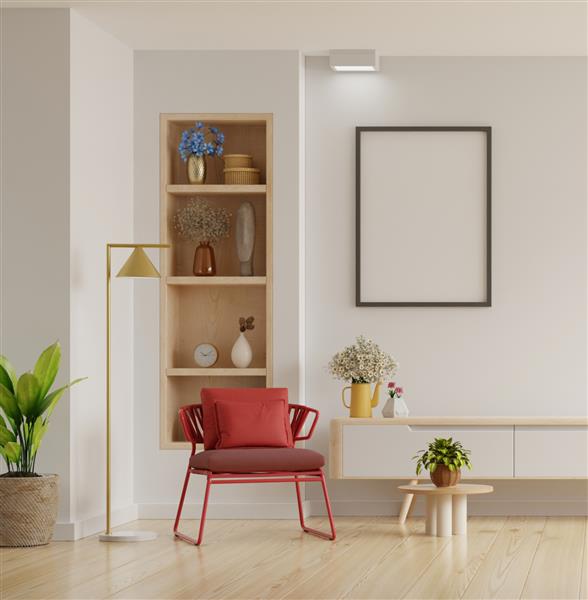 قاب پوستر موکاپ با صندلی راحتی قرمز و لوازم جانبی در اتاق