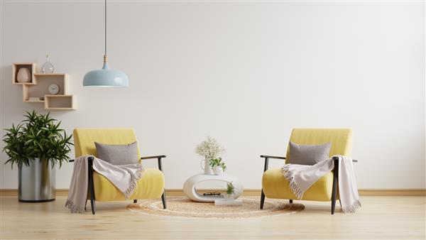 اتاق نشیمن با دو صندلی راحتی زرد در پس زمینه دیوار سفید خالی