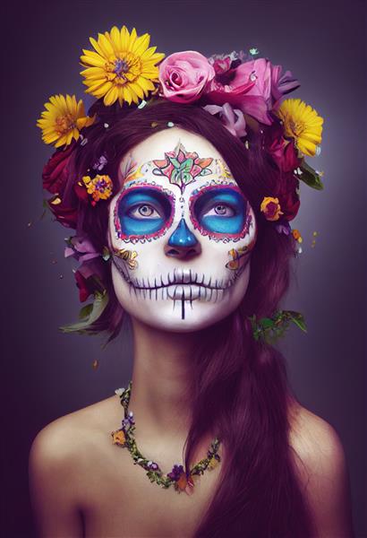 زنی زیبا با تاج گل در موهایش و نقاشی جمجمه روی صورتش
