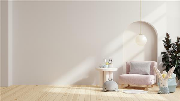 ماکت دیوار در اتاق کودکان با صندلی راحتی صورتی روی دیوار رنگ سفید روشن