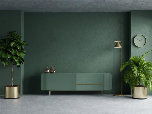 اتاق نشیمن با کابینت برای تلویزیون در پس زمینه دیوار رنگ سبز تیره