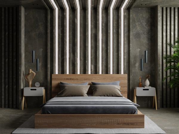 ایده مفهومی طراحی داخلی اتاق خواب و دیوار بتنی