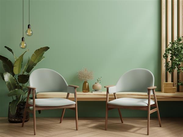 پس زمینه داخلی مدرن با صندلی راحتی سبز و لوازم جانبی در اتاق