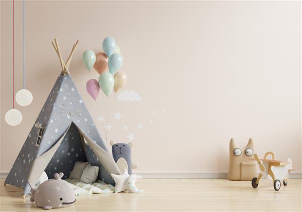 ماکت کردن دیوار در اتاق کودکان با چادر کودکان در رندر سه بعدی دیوار با رنگ صورتی روشن