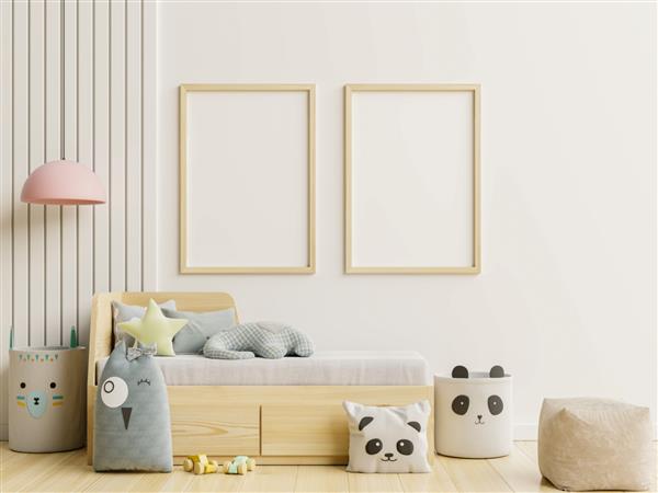 ماکت پوستر قاب در فضای داخلی اتاق کودک در پس‌زمینه دیوار سفید خالی رندر سه بعدی