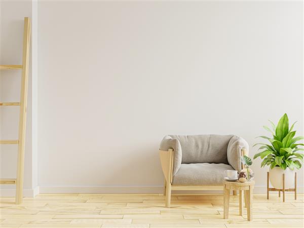 اتاق نشیمن خالی با صندلی راحتی و ایده تزیین در پس زمینه دیوار سفید رندر سه بعدی