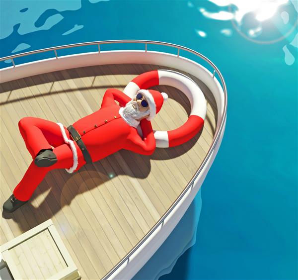 تصویر سه بعدی بابا نوئل در حال شنا کردن روی یک قایق تفریحی است که روی عرشه دراز کشیده است و یک دسته جعبه هدیه دارد امواج دریا در اطراف