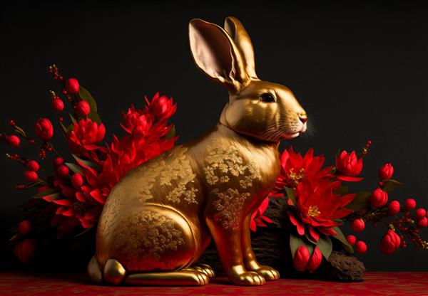 سال نو چینی 2023 سال خرگوش خرگوش اسم حیوان دست اموز طلایی با گل های قرمز مولد Ai
