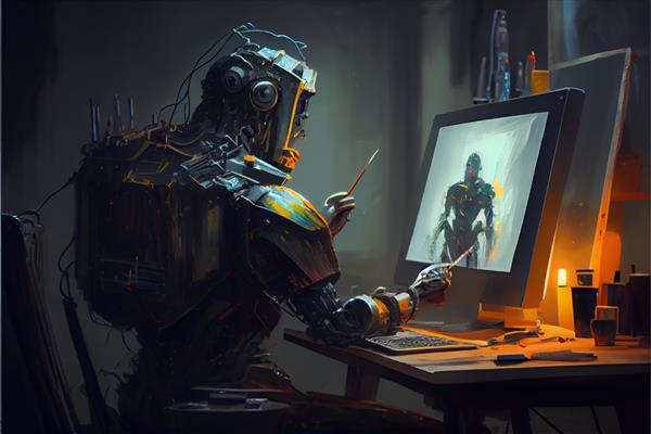 هنرمند ربات هوش مصنوعی سایبورگ در استودیوی تاریک در کنار نقاشی سه‌پایه‌اش و نقاشی می‌کند در حین کار با شبکه عصبی هنری را به صورت دیجیتالی نقاشی می‌کند که بر اساس هیچ صحنه یا الگوی واقعی نیست