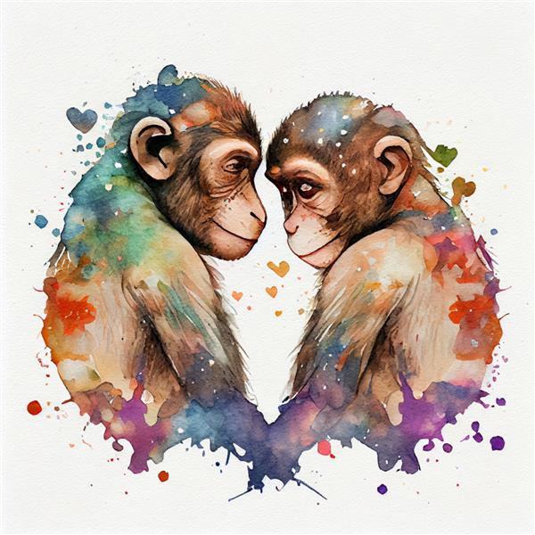 زن و شوهر میمون یا میمون ناز که عاشق قلب هستند نقاشی نقاشی با آبرنگ