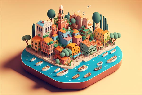 شهر شناور ایزومتریک زیبا از اسپانیا رندر سه بعدی تصویر مولد AI