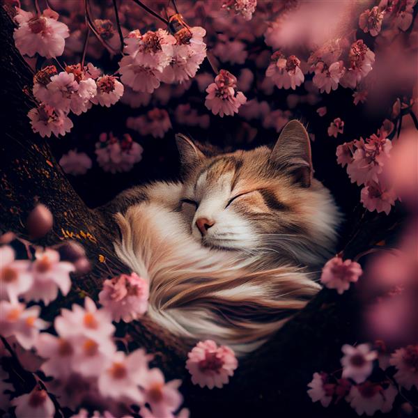 تصویر گربه ناز در خوابیدن در شاخه شکوفه گیلاس درخت ساکورا