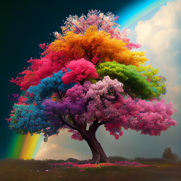 منظره فانتزی درخت رنگین کمان و درخت با تصویر رنگین کمان