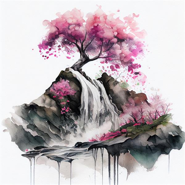 درخت ساکورا با شکوفه گیلاس با آبرنگ با گل های صورتی و تصویر منظره آبشار