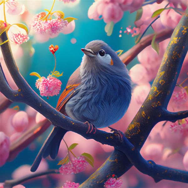 پرنده ناز نشسته روی شاخه درخت شکوفه گیلاس تصویر زیبای بهاری
