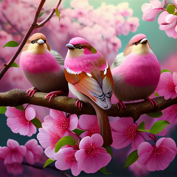 سه پرنده بامزه که روی تصویر بهاری شاخه درخت شکوفه گیلاس نشسته اند