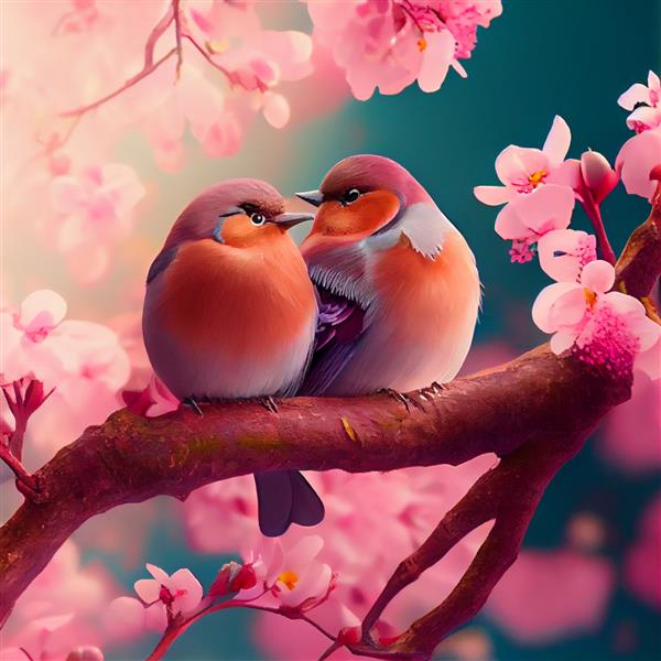 دو پرنده بانمک روی تصویر بهاری شاخه درخت شکوفه گیلاس نشسته اند