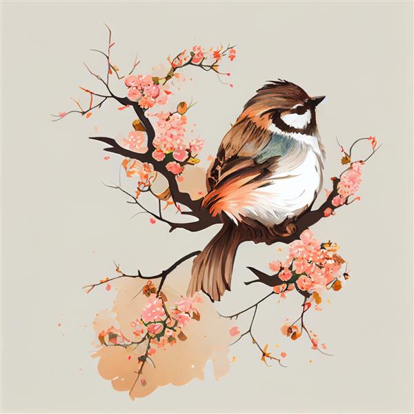 تصویر آبرنگ بهاری پرنده ناز روی شاخه درخت شکوفه گیلاس نشسته است