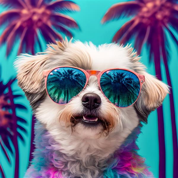 تصویر سگ خنده دار به سبک میامی با عینک آفتابی و درختان نخل