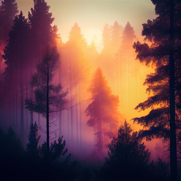 منظره زیبای طبیعت جنگلی مه آلود در غروب یا طلوع خورشید مولد او
