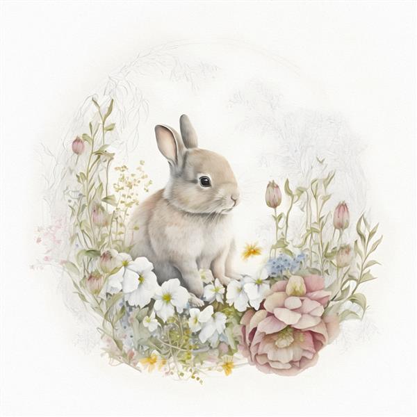 خرگوش جوان کوچک در مزرعه در میان گل های وحشی و تصویر آبرنگ چمن نشسته است
