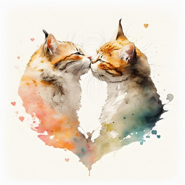 دو گربه در حال بوسیدن به شکل روز ولنتاین قلب و تصویر آبرنگ همه عاشقان