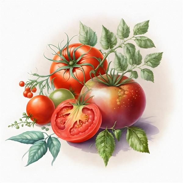 گوجه قرمز یک تصویر سبزی گلخانه ای از یک گوجه فرنگی با برگ های سبز در پس زمینه سفید تغذیه مناسب سبزیجات گوجه فرنگی رسیده است