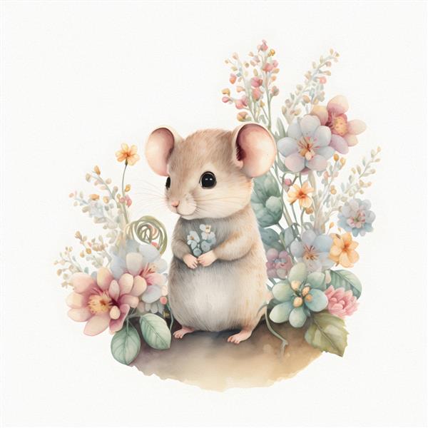 موش کوچک جوان در مزرعه در میان گل های وحشی و تصویر آبرنگ چمن نشسته است